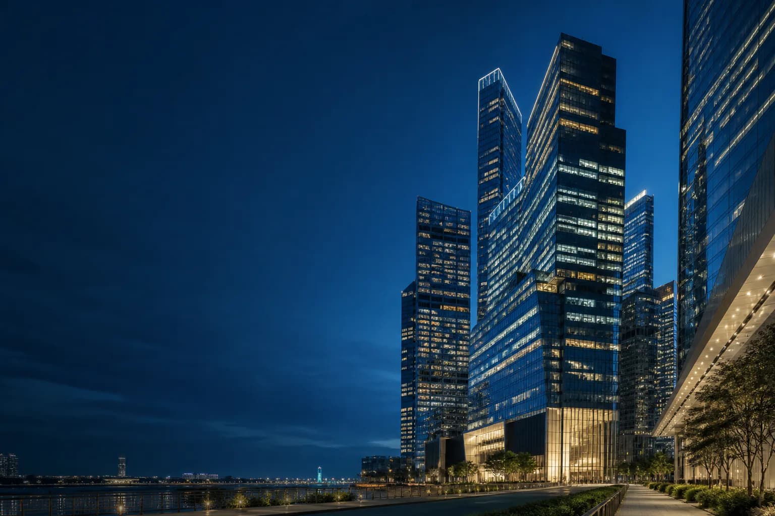 Singapore financial district high-rise towers at blue hour
