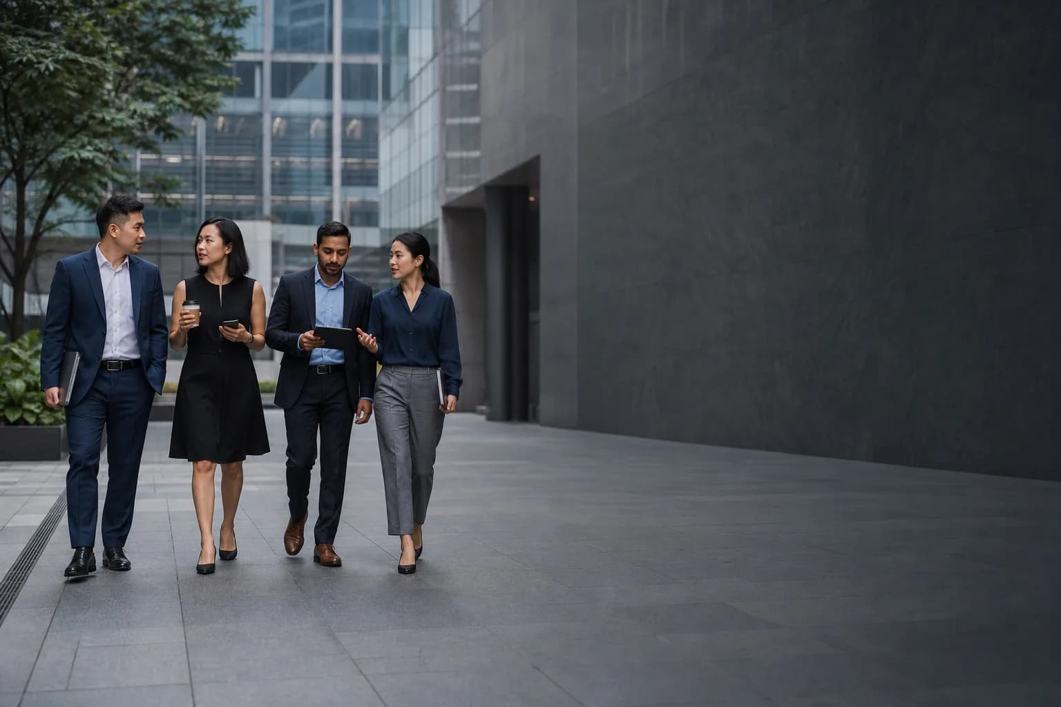 Technology consultants walking together through Singapore's business district